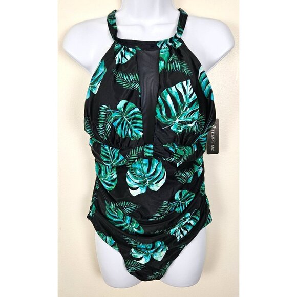 Tempt Me Womens Tropical Leaf High Neck One-Piece Swimsuit Mesh Detail Large - Picture 3 of 12